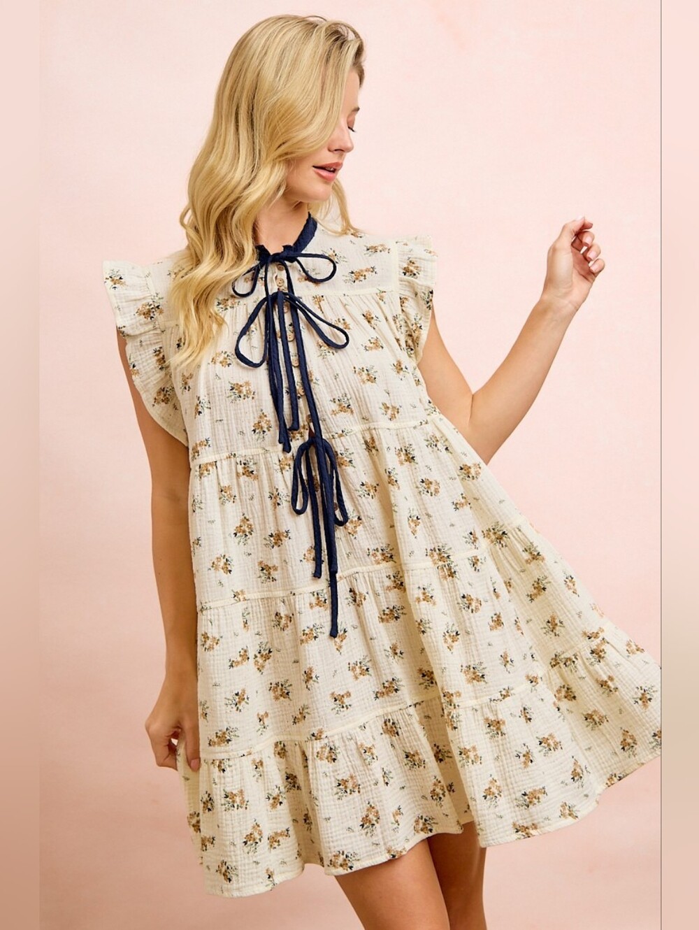 BiBi Floral Multi-tierd Dress With Ruffles And Front Tie- Cream Navy - Picture 6 of 13